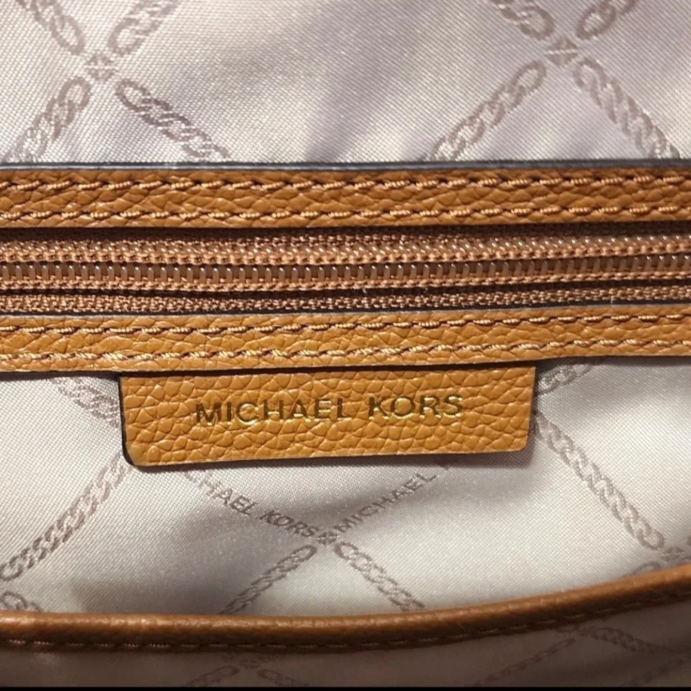 Michael Kors Maxine Pebbled Leather Acorn Tan Dome Crossbody Satchel Bag - Picture 9 of 13